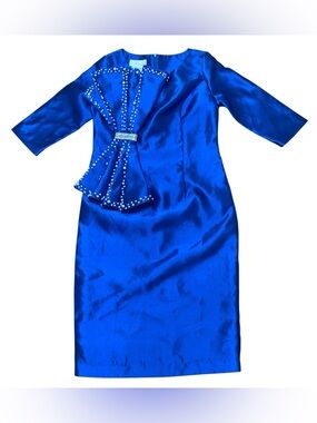 EY Boutique Dress Womens 10 Royal Blue Pearl Beaded 3/4 Sleeve Sheath Elegant